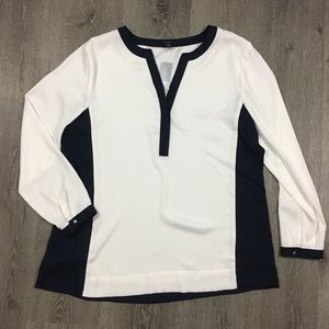 Ann Taylor white and navy blouse